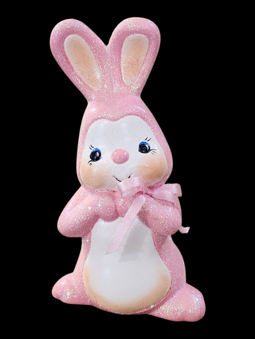 VINTAGE Anthropomorphic Ceramic Bunny Rabbit Pink Glitter Hand Painted Signed